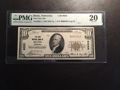 10.00 1929 national bank note BUTTE Nebraska PMG VF small hole not mention - Image 1 of 3