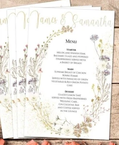 Rustic Mid Summer Wild Flower Personalised Menu Cards Wedding Engagement etc - Picture 1 of 3