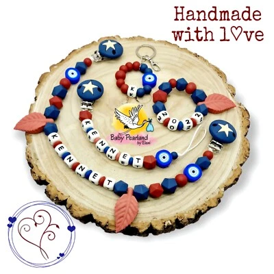 Babyset Schnullerkette mit Namen (4 Teile) Silikon ♡ Junge ♡ Geschenk ♡ Nazar 🧿 - Bild 1 von 4