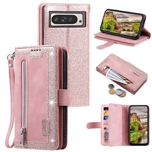 9 Cards Magnet Leather Bling Glitter Wallet Card Sparkle Phone Case with Strap - Picture 1 of 41