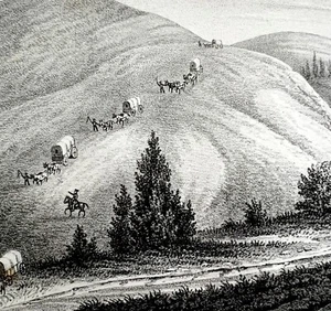 Oregon Trail Wagons Blue Mts 1850 Hand Lithograph Victorian Grand Round DWAA1B - Picture 1 of 2