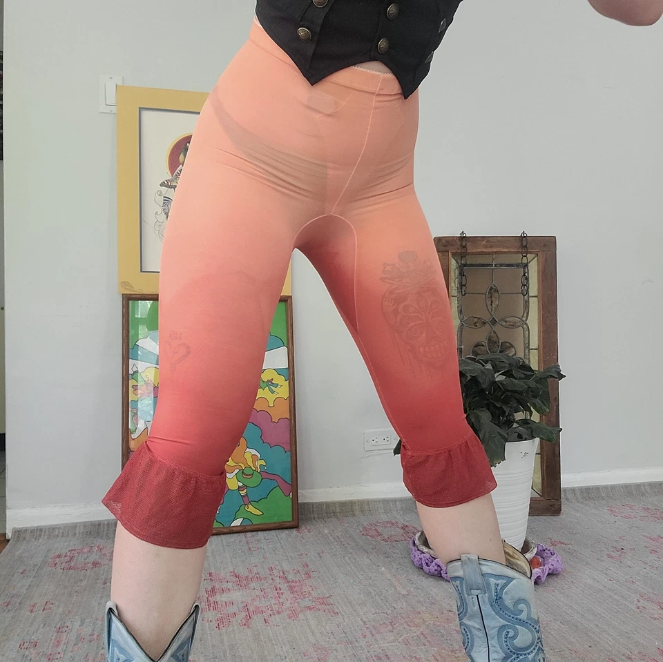 Capris de nailon elástico vintage ombre teñido rosa con ribete de encaje XL Foto 1 de 4