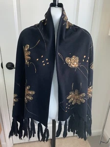 Vintage Damen Halstuch schwarz mit lackierter goldener Blume Floral mit Fransen schwer - Bild 1 von 12