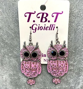 Orecchini Gufo Rosa Donna Cristalli Strass Moda Cerimonia Orecchino TB0/02 - Foto 1 di 2