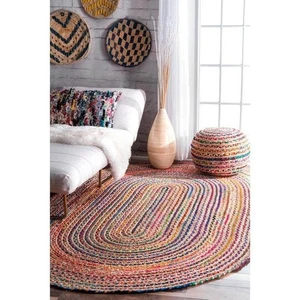 Oval Rug Cotton Jute Eco Friendly Braided Reversible Carpet Housewarming Gift - Picture 1 of 4