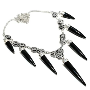 Collar de plata de ley 925 con piedras preciosas de ónix negro natural V462 - Imagen 1 de 6