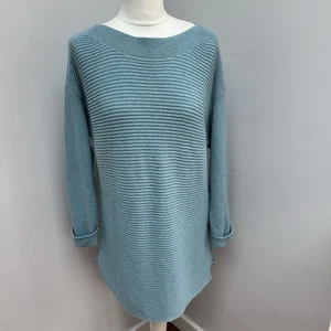 White Stuff Jumper Size 14 Blue Cotton Merino Mix Boat Neck Turn Up Sleeve Knit  - Picture 1 of 9