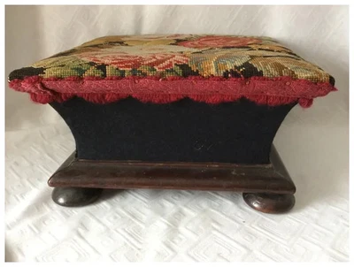 Antique Victorian Footstool, Floral Wool Needlepoint Upholstery - Image 1 of 4