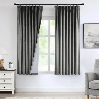 Cortinas oscurecidas plisadas de terciopelo gris estaño 95 % plisadas oscurecimiento de habitación V... Foto 1 de 4
