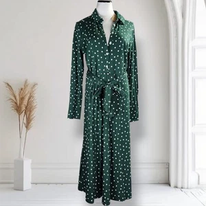 Boden Laura Jersey Midi Shirt Dress Size 12R Forest Green Polka Dot Long Sleeve - Picture 1 of 15