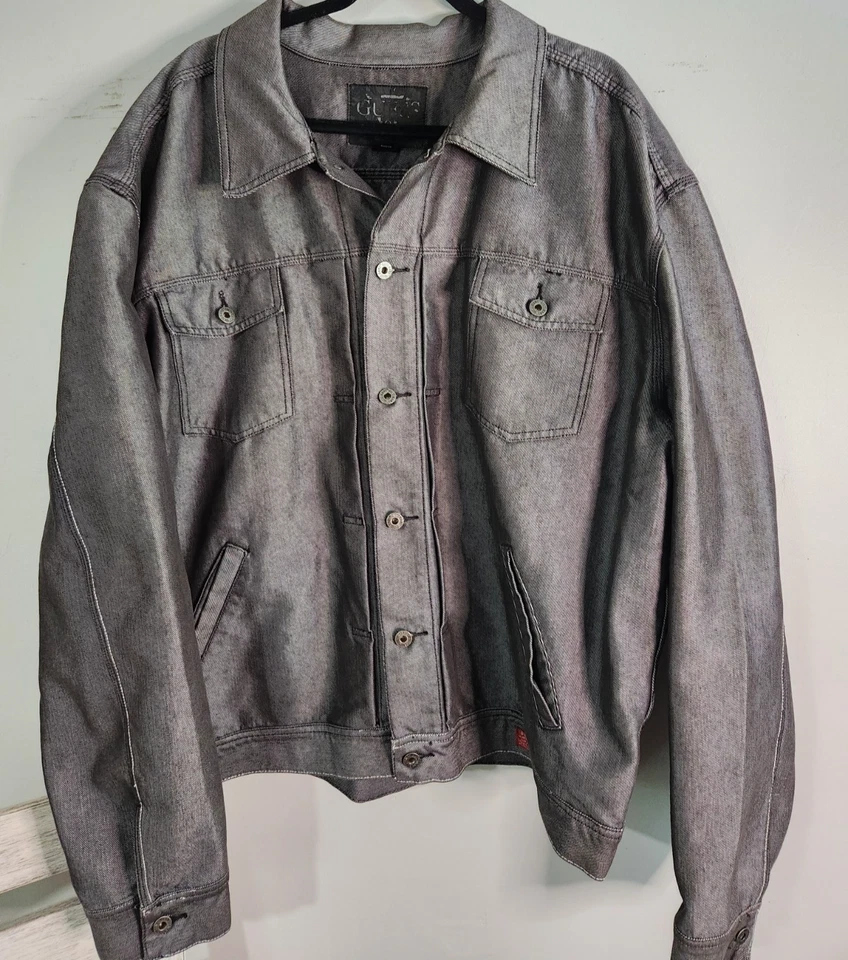 GUESS DENIM Gray JEAN JACKET MEN'S 4XL COAT BOMBER TRUCKER Irregular - Image 1 of 4