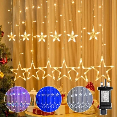 Christmas Decoration Curtain Lights String Xmas Party Window Plug in 12 Star - Image 1 of 4