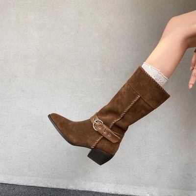 Mujeres Cuero Gamuza Real Vaquero Western Montar Medio Pantorrilla Botas Gruesas Tacón Bloque - Imagen 1 de 4