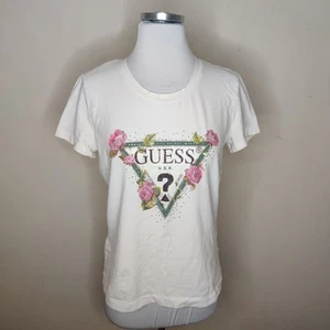 GUESS Womens Graphic T-Shirt Large Floral Embellished Bling Organic Cotton Y2K - Picture 1 of 8
