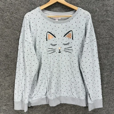 LC Lauren Conrad Sleepshirt Women XL Gray Cat Print Long Sleeve Round Neck - Image 1 of 4
