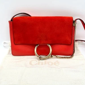 Chloe Faye Shoulder Bag Crossbody Bag Leather Suede Red Gold USED Auth #S2441 - Picture 1 of 19