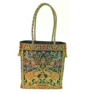 Handbag Ethnic Peacock Elephant Woven Zari Brocade Dark Green Shoulder Hand Bag - Picture 1 of 9