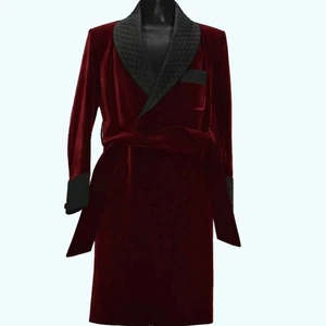Men Maroon Smoking Jackets Quilted Lapel Designer Dinner Party Wear Long Coat - Picture 1 of 6