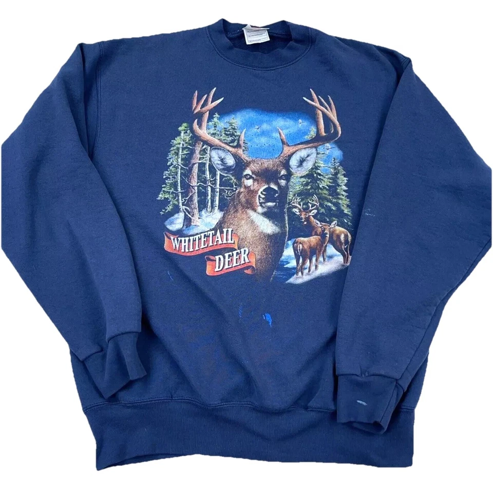 Sudadera Vintage Naturaleza Hombres XL Cuello Redondo Suéter Años 90 Y2K Ciervos Caza Desteñida Foto 1 de 4