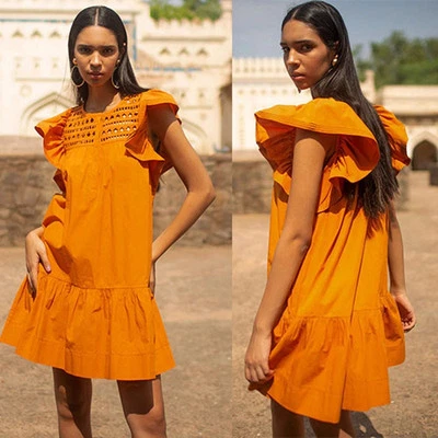 NEW Scarlett Poppies Belted Origami Yoke Tiered Ishrant Mini Dress Orange XS - Image 1 of 4