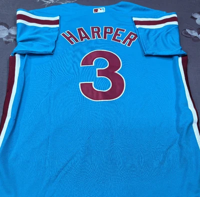 Bryce Harper #3 Phillies Throwback Light Blue Sewn Stitched Jersey. - Image 1 of 4