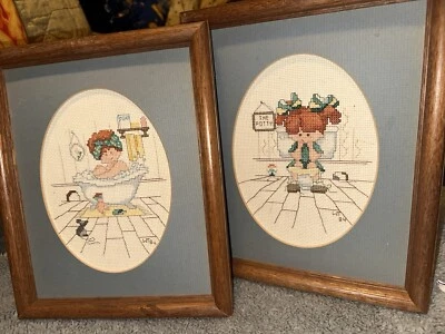 Alma Lynne Potties Cross Stitch Girl tubbie potty Vintage 1980s Framed - Image 1 of 4