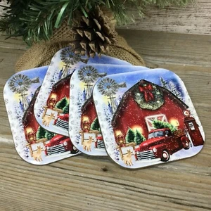 Red Truck Christmas on the Farm Alpaca Hardboard Coasters, Set of 4 - Picture 1 of 5