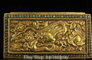 7" Old Tibetan Copper 24K Gold Turquoise Dragon Beast Chest Jewelry Box - Picture 1 of 9