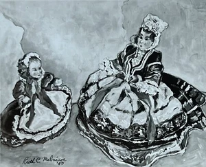 VTG 50s BxW Photo LISTED ARTIST PAINTING Melnicoe EXPRESSIONIST WOMEN FOLK DRESS - Picture 1 of 10