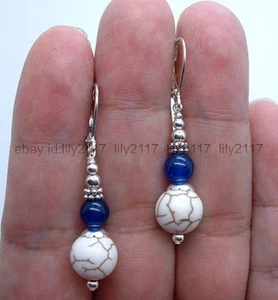 Pretty 10mm White Turquoise 6mm Dark Blue Jade Gemstone Silver Hook Earrings - Picture 1 of 6