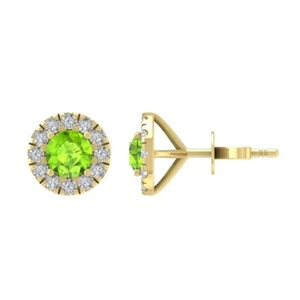 10K Yellow Gold Round Natural Diamond & Peridot Stud Earrings for Women - Picture 1 of 1