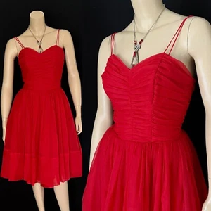 1950s Sexy Bombshell Vibrant Lipstick Red Frothy Cocktail Frock, VLV, Petite - Picture 1 of 11
