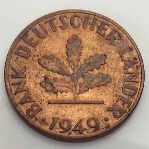 1949J Germany Five 1 Pfennig Copper Circulated German Coin F482 - Picture 1 of 6