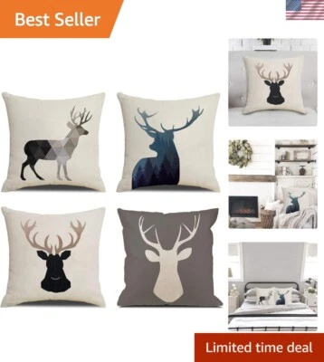 Creative Animal Print Cotton Linen Pillow Cases 18x18 - Set of 4 Deer Design - Image 1 of 4