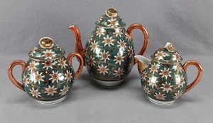 Japanese Kutani Hand Painted White Gold Floral Scrolls Green Beaded Teapot Trio - Picture 1 of 11