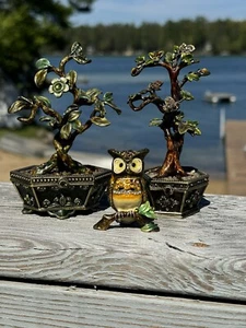 Bejeweled Trees And Owl Hinged Metal Enameled Rhinestone Trinket Jewel Boxes - Picture 1 of 5