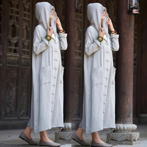 Chino Algodón y Lino Mujer Retro Con Capucha Mujer Capa Vestido Abrigo Chaqueta LO ÚLTIMO - Imagen 1 de 12