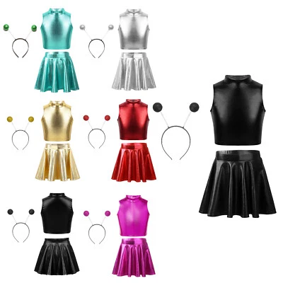 iixpin Girls 3Pcs Space Alien Outfit Holographic Metallic Skirt with Crop AU - Image 1 of 3