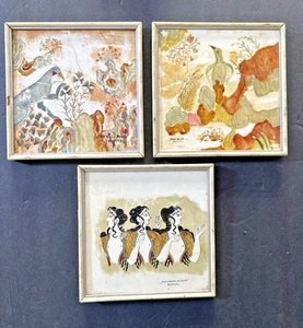Conjunto-3 Azulejos Enmarcados Pintura Fresco Mono Knossos Azul Damas Damas - Imagen 1 de 13