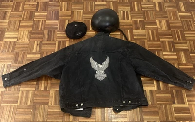HARLEY DAVIDSON MENS XL DENIM JACKET, HELMET, & SKULL CAP FREE SHIP - Image 1 of 4