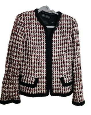 DANA BUCHMAN tweed blazer jacket woman size 4 red black white houndstooth  - Image 1 of 4