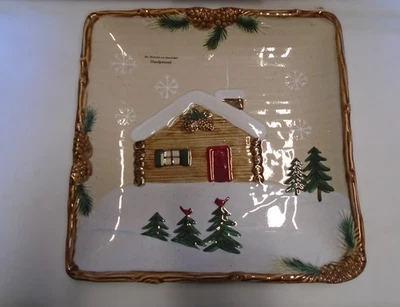 St Nicholas Square Heartland Christmas Snow Cabin Scene NEW Square Salad Plate - Image 1 of 4