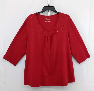 Camisa Classic Elements feminina tamanho 16-18W lantejoulas vermelhas com miçangas manga 3/4 gola V - Imagem 1 de 4