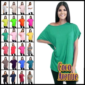 Womens Off Shoulder Top Batwing Sleeve Bardot Oversized T Shirt Plain Summer Top - Picture 1 of 225