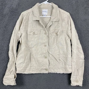 Tommy Bahama 100% Linen Jacket Womens Large Tan Raw Hem Button Up Trucker - Picture 1 of 6