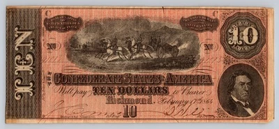 1864 $10 Confederate States of America Civil War Banknote Richmond Currency - Image 1 of 2