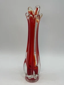 Vintage 6 Finger gerippte geschwungene Vase rot ummantelt 10 Zoll - Bild 1 von 12