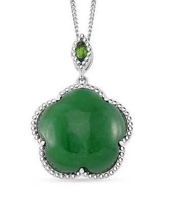 Green Jade & Chrome Diopside 16.00ctw Cherry Blossom Pendant Necklace Silver 18i - Image 1 of 4