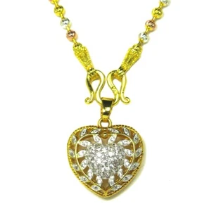 CZ Heart Pendant + 20" 3mm 3 Tone Beads Chain 22k 18k Gold GP Thai Necklace GT54 - Picture 1 of 8