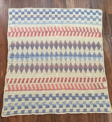New Hand Crocheted Blanket,  Waterfall Stitch Blanket, Blues, Purples, Peach - Image 1 of 4